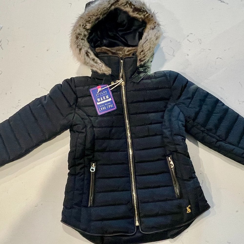 NWT Girls size 6Y Joules Navy winter Coat with fur trim and removable hood